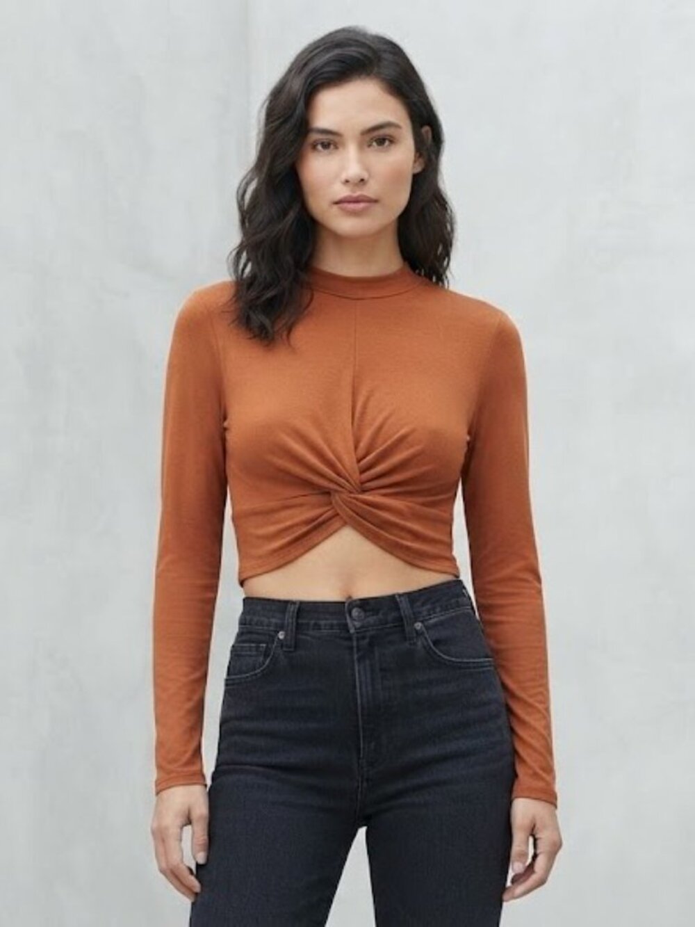 Rust-Toned Knot Front Long Sleeve Crop Top